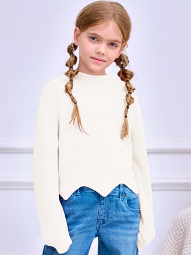 Image of Haloumoning Girls Mock Neck Sweaters Kids Fall Fashion Long Batwing Sleeve Rib Knit Pullover Clothes 5-14 Years
