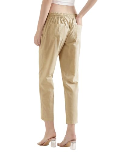 Image of SAADAA Women's Airy Linen Straight Pants | Regular Fit Trousers | Half Elasticated with Drawstrings & Buttons | 4 Pockets | Everyday & Office Wear