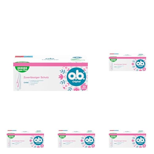 o.b. Original Super Plus (32 Stück), Tampons für sehr starke Tage, StayDry Technologie & geschwungene Rillen, zuverlässiger Schutz und ein sauberes Gefühl während der Periode (Packung mit 5)