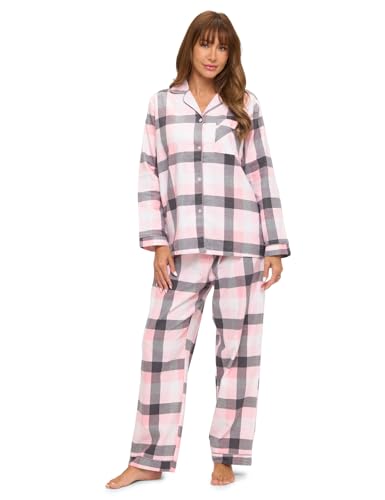 Casual Nights Womens Flannel Pajamas Sets | Grey Pink White Plaid | Large | Cotton Flannel Pajamas for Women Set | Long Sleeve Floral PJ's Button Down Top & Pants