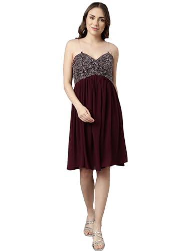 Image of SHOWOFFFF Women Embellished Fit and Flare Party Dress | Square Neck Sleeveless Georgette Dress for Womens | Knee Length Dress for Women's