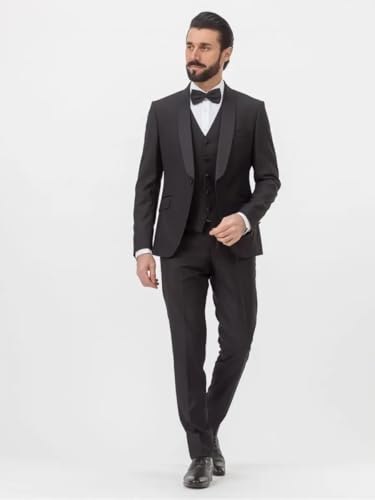 Tuxedo for Men 3 Piece Satin Shawl Lapel Classic Fit Men's Tuxedos Blazer Vest &Pants Suit Set Flap Pocket2