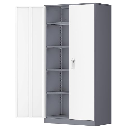 Greenvelly Metal Garage Storage Cabinet, 72" Locking Metal Cabinet with 2 Doors and 4 Adjustable Shelves, Grey White Steel Tool Organization for Home, Office, Garage (36" W x 18" D)
