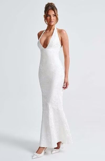 FreeBeauty Halter Satin Prom Dresses for Women Long Mermaid Floral Jacquard Formal Evening Party Dresses3