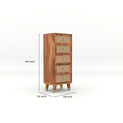 Image of Solid Sheesham Wood 5 Drawer Chest | Rosewood Chest of Drawers with Cane Front | Tall Storage Cabinet for Bedroom & Living Room (Natural Finish)