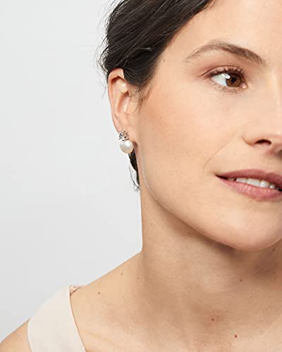 Women Pearl Stud Earrings, Fresh Water Cultured Pearls Button Shape with a Zirconia Stone Secret & You | Sterling Silver 925 Rhodium Plated with big backs or Omega. 6