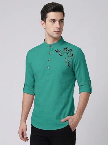 Image of DEEMOON Men's Full Sleeve Short Kurta Shirt with a Trendy Mandarin Collar Crafted from a Premium Cotton Blend for Comfort Ideal for Casual and Semi-Formal Occasions