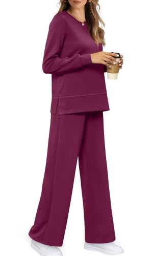 Image of WIHOLL Women's 2 Piece Lounge Sets Sweatshirt Casual Travel Outfits Fashion Wide Leg Tracksuit Cozy Sweatsuits
