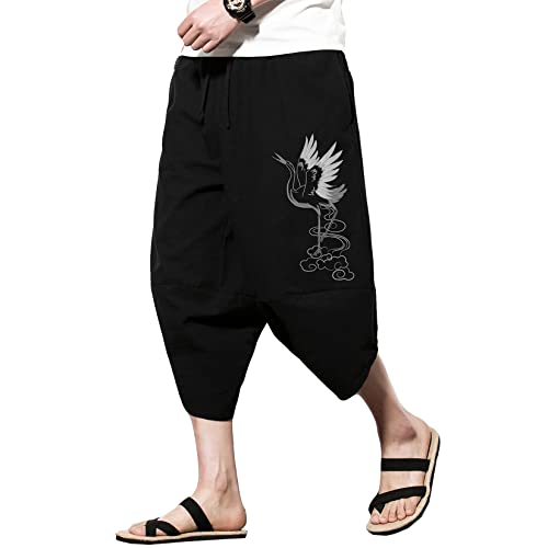 DOSLAVIDA Men's Linen Harem Capri Pants Lightweight Elastic Waist Wide Leg Cropped Trousers Casual Loose Beach Capris2