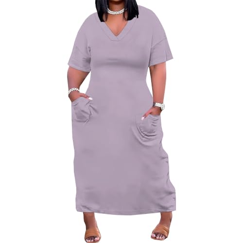 Image of Plus Size Maxi Dress for Women Short Sleeve V Neck Casual Loose Sundress with Pockets