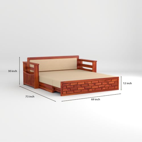 Image of Solid Sheesham Wood Sofa Cums Bed with Mattress & Storage | Rosewood Convertible Sofa Bed for Living Room & Bedroom (E-Honey, 3 Seater)