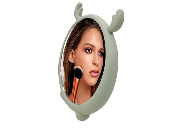 Round Makeup Mirror Desktop Cute Cartoon Tabletop Vanity Makeup Mirror Stand Folding Cosmetic Plastic Single Mirror Wall Hanging for Home Bathroom Table Top Makeup Mirror (Green)-image-29