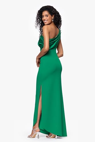 Image of Betsy & Adam Women's Floor-Length, Off-the-One-Shoulder, Miakdo Draped Detail, with Fitted Silhouette, Green, 4