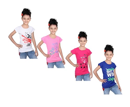 Image of indi weaves Girls Pure Cotton Chest Printed Half Sleeves Round Neck T-Shirts (Pack of 4)