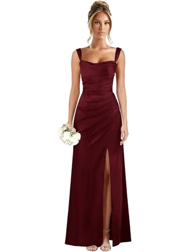 Eightale Satin Bridesmaid Dress Long with Slit Square Neck Ruched Formal Evening Gown