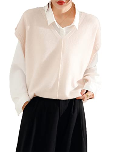 100% Cashmere Short Sweater Vest Sleeveless V Neck Pullover Sweater Solid Knit Pullover Vest (Beige M)
