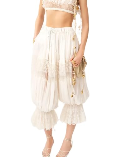 Women Lace Trim Long Bloomers Y2k Ruffled Pantaloons Mid Rise Elastic Wasit Pumpkin Cropped Pajama Pants Slip