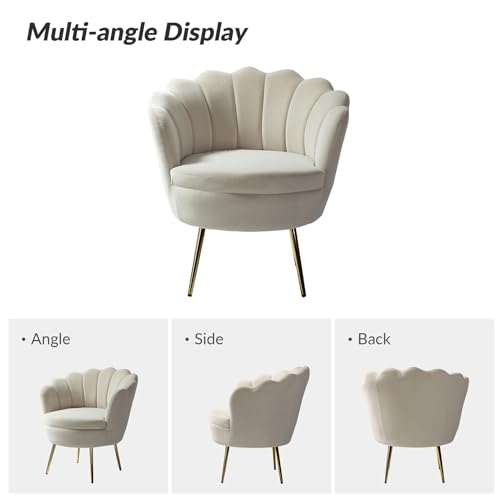 Image of HULALA HOME Modern Velvet Accent Chair with Shell Shaped Back, Cute Living Room Bedroom Armchair Sofa Chair with Gold Legs, Comfy Upholstered Vanity Chair for Makeup Room, Tan