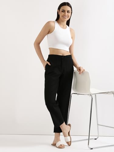 Image of SAADAA Women's Airy Linen Straight Pants | Regular Fit Trousers | Half Elasticated with Drawstrings & Buttons | 4 Pockets | Everyday & Office Wear