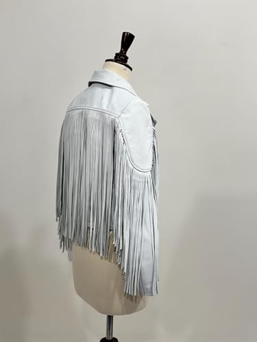 Treegalore Womens Genuine White Lambskin Leather Western Cowgirl Fringe Jacket With Fringe Native American Style4