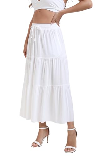 Women's Summer Elastic High Wasited Long Skirt A-Line Ruffle Tired Flowy Swing Ankle Length Skirts Casual Beach4