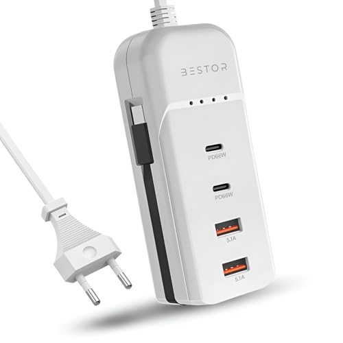 Bestor 4-Socket Extension Board with 66W Fast Charging Station Includes 2 Type-C PD & 2 USB-A Ports, Multi-Device Power Strip for Phones, Tablets &...
