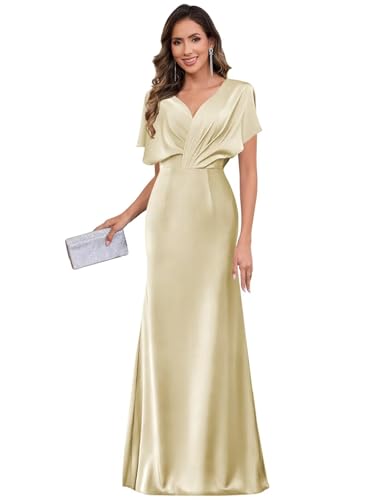 Women's Satin Mother of The Bride Dresses for Wedding V Neck Flutter Sleeve Formal Dresses4