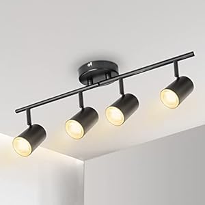 Kimjo Plafonnier LED 4 Spots Orientables, GU10 Spots de Plafond Noir pour Salon Salle à Manger Couloir Cuisine, Luminaire Plafonnier Moderne, Applique Murale Métal, Douille GU10, Sans Ampoule