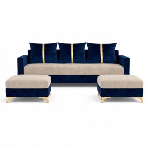 Image of Caviar 5 Seater L Shape Sofa Set with 2 Movable Ottomans | Flexible Layout | Luxury Velvet Suede Fabric | Modern Living Room Sofa | Dark Blue-Cream