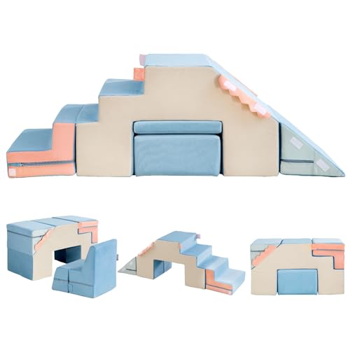 Image of Asweets 4 in 1 Foam Climbing Blocks for Toddlers, Indoor Soft Climb and Crawl Play Climbing Toys for Creativity & Imagination, (Suede-Blue-Pink)