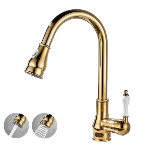 EGTink Robinet Cuisine Doré Mitigeur Cuisine avec Douchette Extractible Mitigeur de Lavabo Rotatif à 360° Robinetterie de Cuisine Rétro en Laiton 2 Modes de...