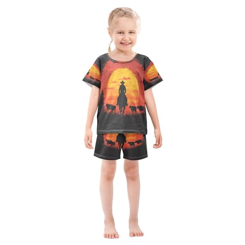 ALAZA Cowboy Herd Sunset Pajamas Set Short Sleeve Cotton Sleepwear Summer Pjs 2 Piece 5-14Y3
