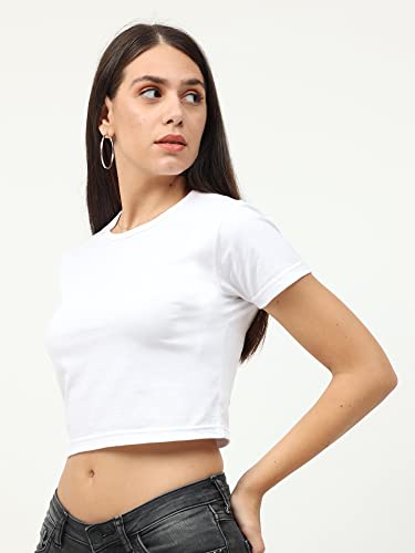 Image of FLEXIMAA Women's Cotton Plain Round Neck Half Sleeve Crop Top