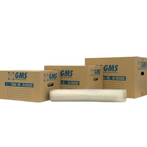 GMS   Packs Cajas Cartón Mudanza 10 50x30x30cm, 5 43x30x25cm y 5 55x35x35cm + Burbuja Para Mudanzas y Almacenaje con Asas y Con Burbuja 50cm x 7m. Cartón Alta Resistencia (Pack Cajas 10L+5M+5XL)