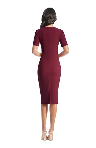 Image of Dress the Population Women's Ruth Short Puff Sleeves Asymmetrical Neckline Bodycon Midi Dress