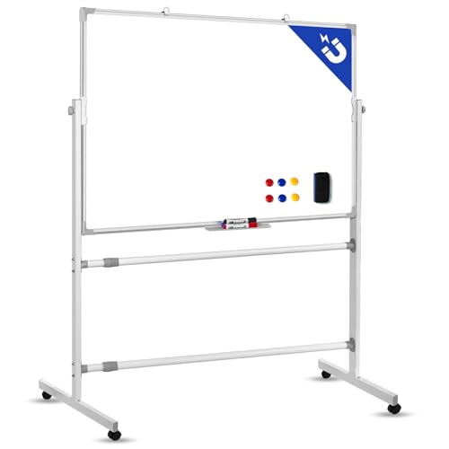 SKY-TOUCH Mobile Whiteboard with Stand 90x120cm Double Sided Magnetic Whiteboard on Wheels Mobile Standing White Board for Office Classroom & Home All Parts included