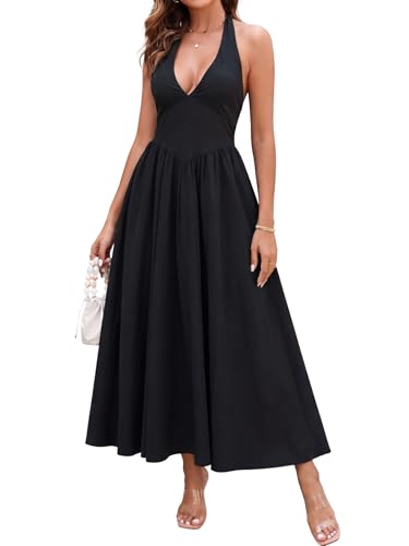 Image of Parthea Women's Gingham Halter V Neck Midi Dress Corset Smocked Sundress Flowy A Line Wedding Guest Dresses