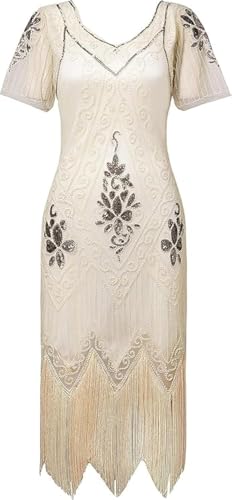866 - Plus Size 1920s Vintage Fringed Gatsby Sequin Beaded Tassels Hem Flapper Party Prom Cocktail Dress (Ivory Gold, L)