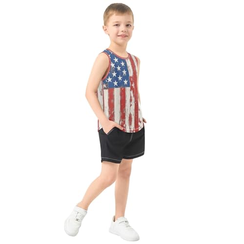 Boys Tank Top Shirts Wood Grain American Style USA Flag Sleeveless T-Shirts Crew Neck for Kids Clothing Children4