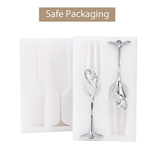 Wedding Champagne Glass Set Silver Toasting Flute Glasses Pack Of 2 With Rhinestone Rimmed Hearts Decoration For Wedding, Anniversary And Special Occasions #TOP6