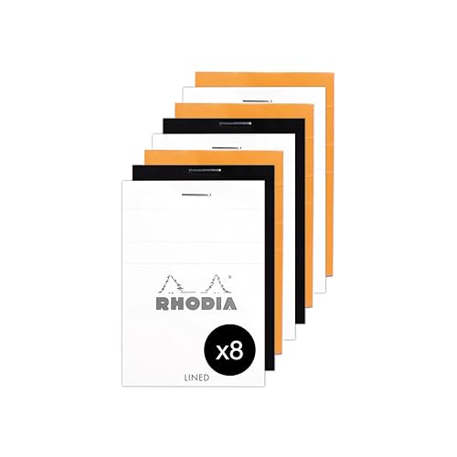 RHODIA 11600AMZC - Un lot de 8 Bloc-Notes Agrafé N°11 - A7 - Ligné - 80 Feuilles Détachables -80 g/m² - 3 couleurs assorties (Orange, noir et blanc)