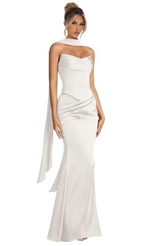 ZOOYYUE Brautjungfernkleider,Damen Meerjungfrau Satin Abendkleider Elegant Für Hochzeit Falten Brautjungfernkleider Lang Ballkleider Mit Schal Weiß...