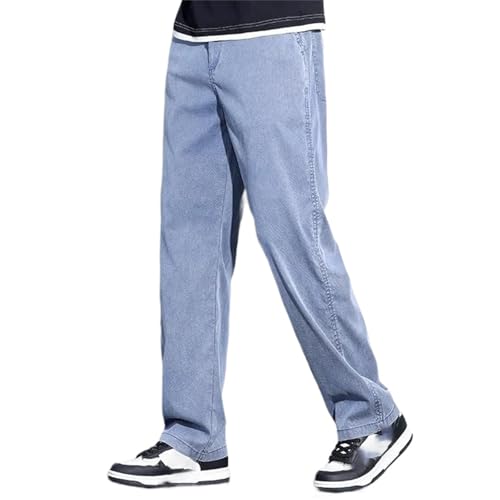 Men's Spring Fall Jeans – Soft Blue Loose Straight Thin Denim Pants, Elastic Waist Casual Plus Size