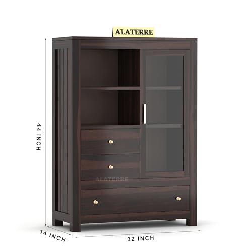 Image of Wood Book Shelf with Glass Door with Storage | Wooden Book Shelf for Home Library with Drawer | Home Office Living Room, Kitchen Crockery Storage Cabinet | Walnut Finish