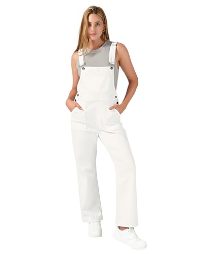 roswear Denim Overalls for Women Adjustable Strap Stretchy Bib Overall Jean Jumpsuits Pants Linen White Large