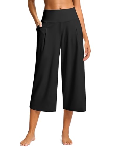 SANTINY Capri Pants for Women Wide Leg Yoga Casual Cropped Pants with Pockets Loose Tummy Control High Waist Capris (Black_L)