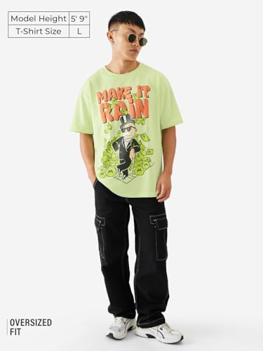 Image of The Souled Store Official Monopoly: Make It Rain Men and Boys Short Sleeve Round Neck Green Graphic Printed Cotton Oversized T-Shirts