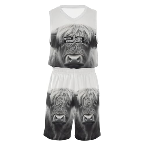 FLildon Highland Cow Boys Basketball Jersey Set Tank Top Shorts Tracksuit Sport Training Suit for Kids, S