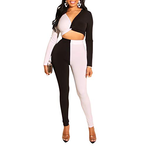 2 Piece Club Outfits for Women Sexy-Long Sleeve Stretchy Crop Tops and Skinny Bodycon Pants Set Black+White L