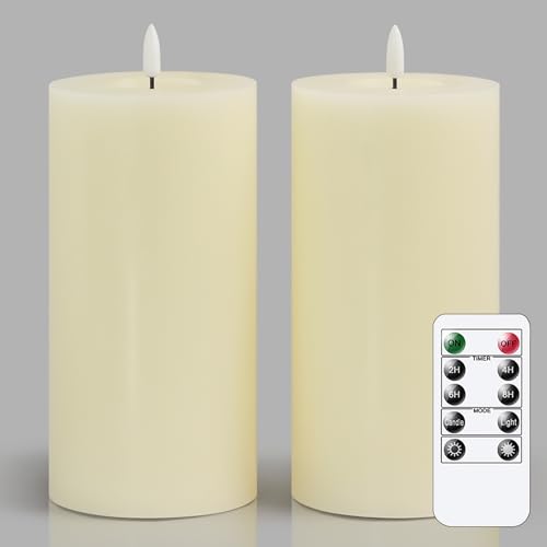 Image of Flameless Flickering 4 inch x8 inch Real Wax Ivory Remote Candles with Candle Grease, Pack of 2 Timer LED Battery Operated Fake Warm Light Pillar Candles for Home, Banquet, Ceremony Decoration